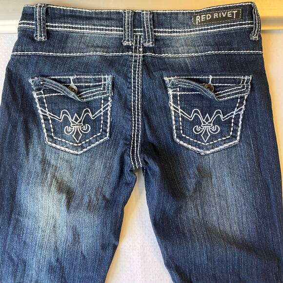 Red Rivet Women Jeans size 9 Blue Straight Leg Slim Fit Low Rise Stretch - Picture 10 of 11